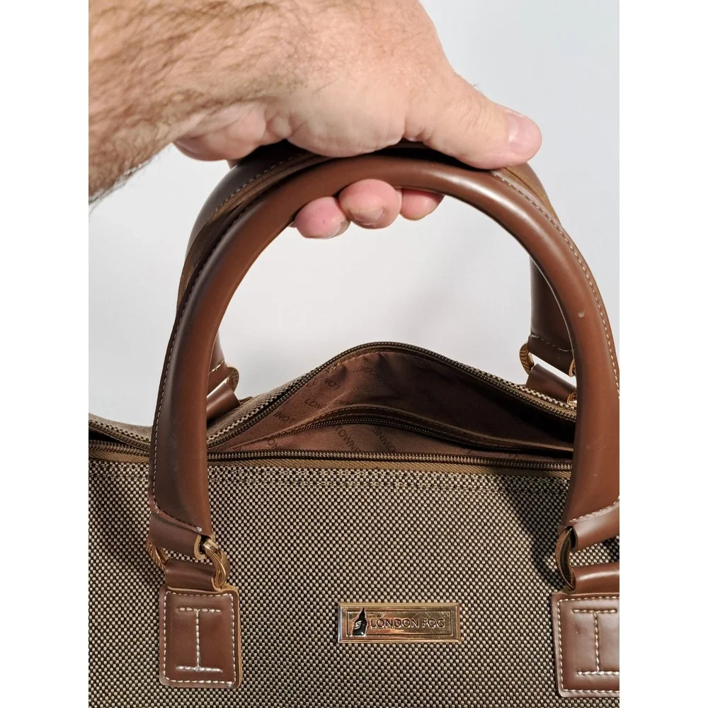 London Fog Brown Woven Satchel Bag Faux Leather Trim Gold Hardware Medium